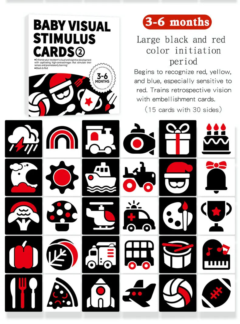 Set of black and red Montessori high-contrast flash cards for baby visual stimulation
