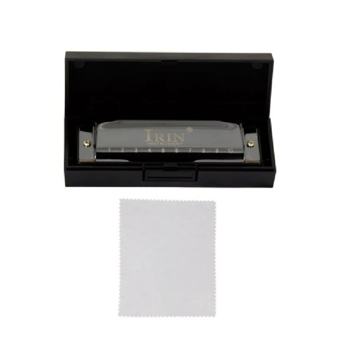 Black case for a 10-hole 20-tone harmonica in C key with a white tissue paper inside.