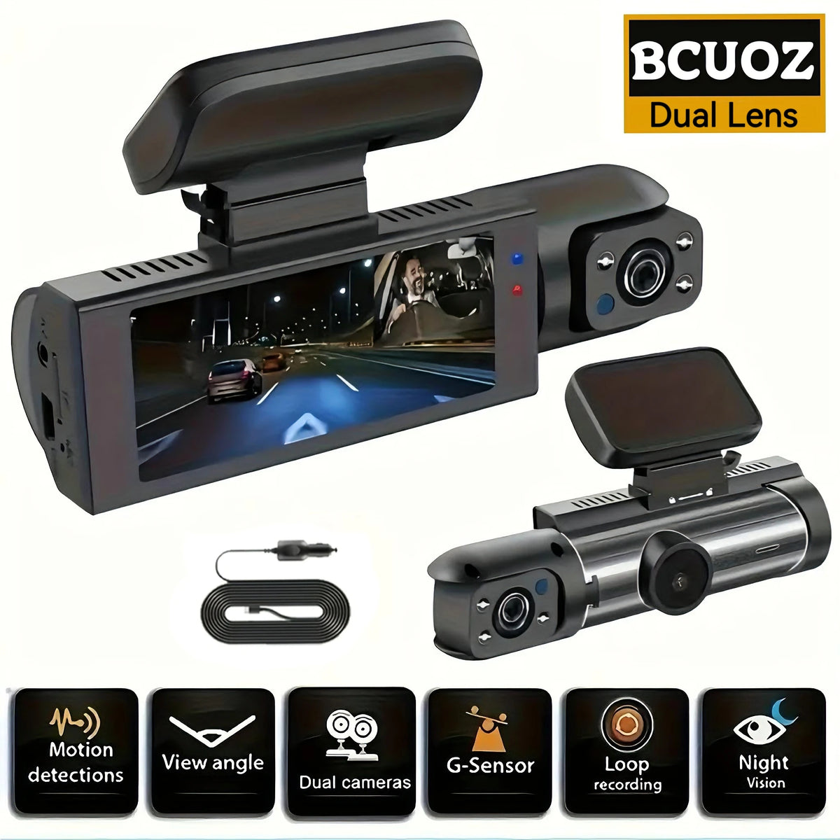 A black dual-lens dashcam is shown with various features like motion detection, view angle, G-sensor, loop recording, and nig