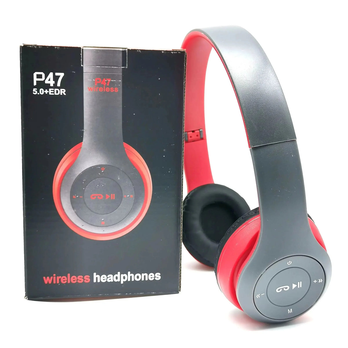 A box and a pair of red and gray wireless headphones with a microphone are shown.