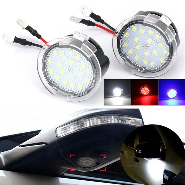 Universal LED side mirror puddle light for Ford vehicles showing the light assembly and installation.