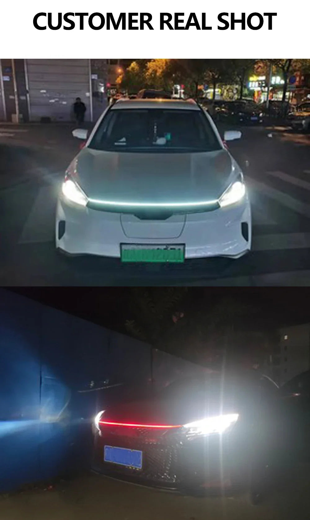 Front view of a white car with an illuminated LED engine hood light strip displaying a scan effect.