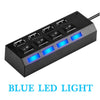 Black USB 2.0 multi-port hub with blue LED lights on the front panel