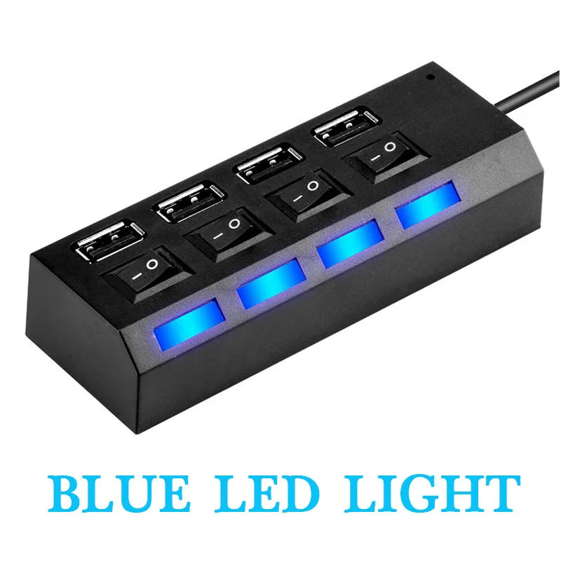 Black USB 2.0 multi-port hub with blue LED lights on the front panel