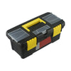 A black plastic toolbox with yellow latches and a clear lid, designed for compact storage.