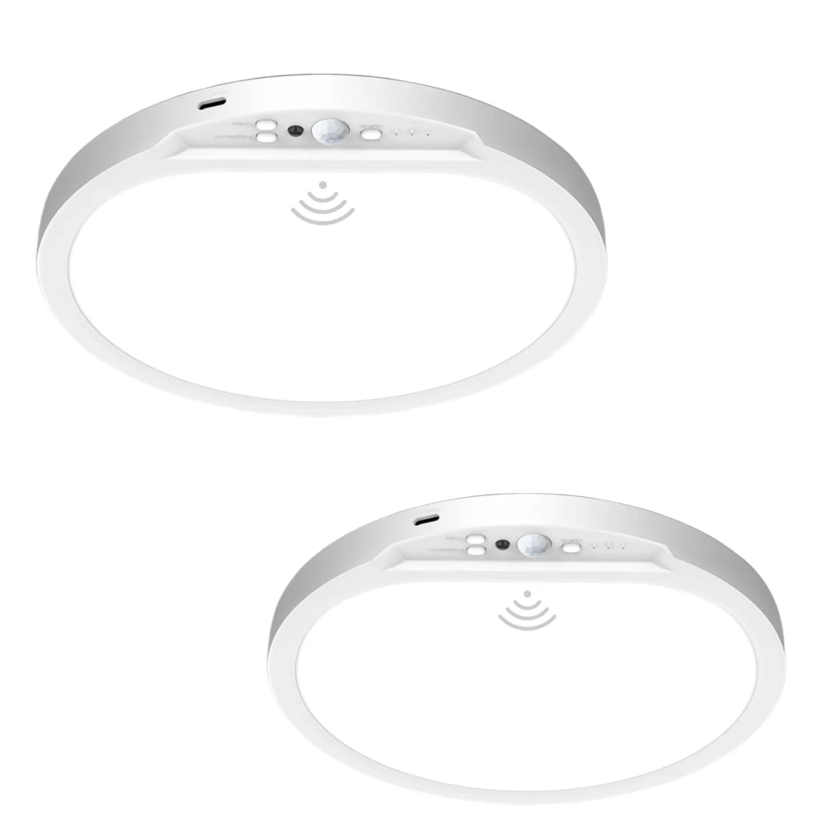 A white, round ceiling light fixture with a sensor and remote control visible against a white background.