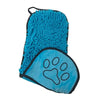 A bright blue, fluffy pet bath towel with a paw print design for dogs and cats.