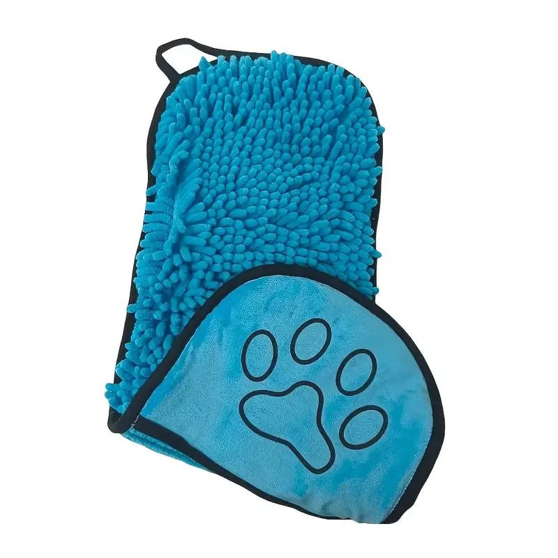 A bright blue, fluffy pet bath towel with a paw print design for dogs and cats.