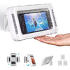 A waterproof shower phone holder with an anti-fog cover is shown, along with separate components.