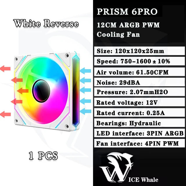 Weißer Reverse Prism 6PRO 12CM ARGB PWM Kühlventilator mit hydraulischen Lagern