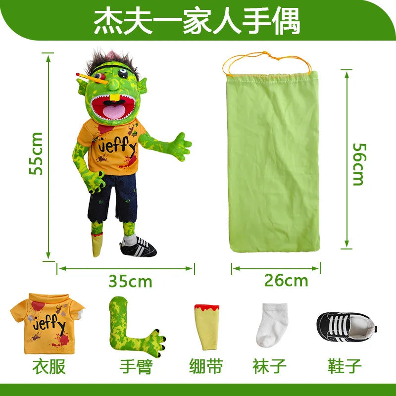 A green Jeffy zombie boy hand puppet set including a shirt, a hand, a foot, and a shoe.