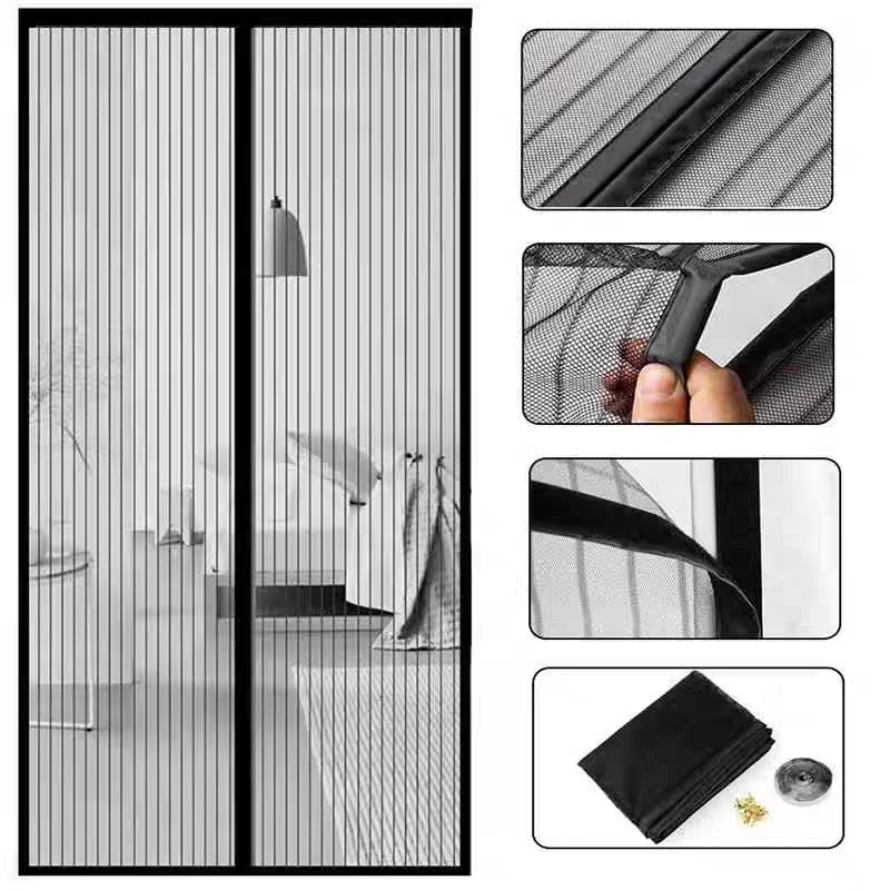A magnetic door screen with self-sealing mesh shown in various close-up views.