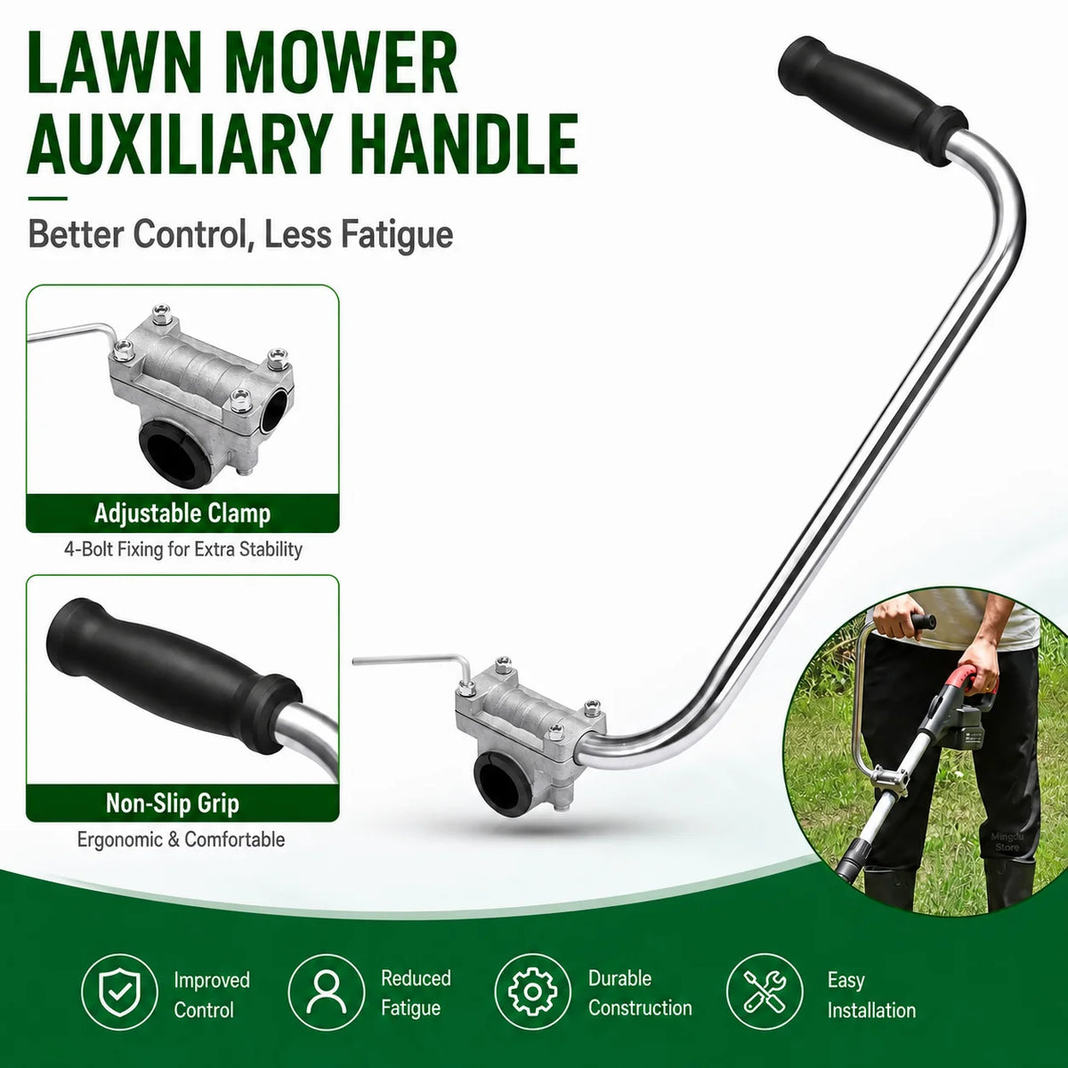 A silver auxiliary handle for a lawn mower, showing an adjustable clamp and non-slip grip.