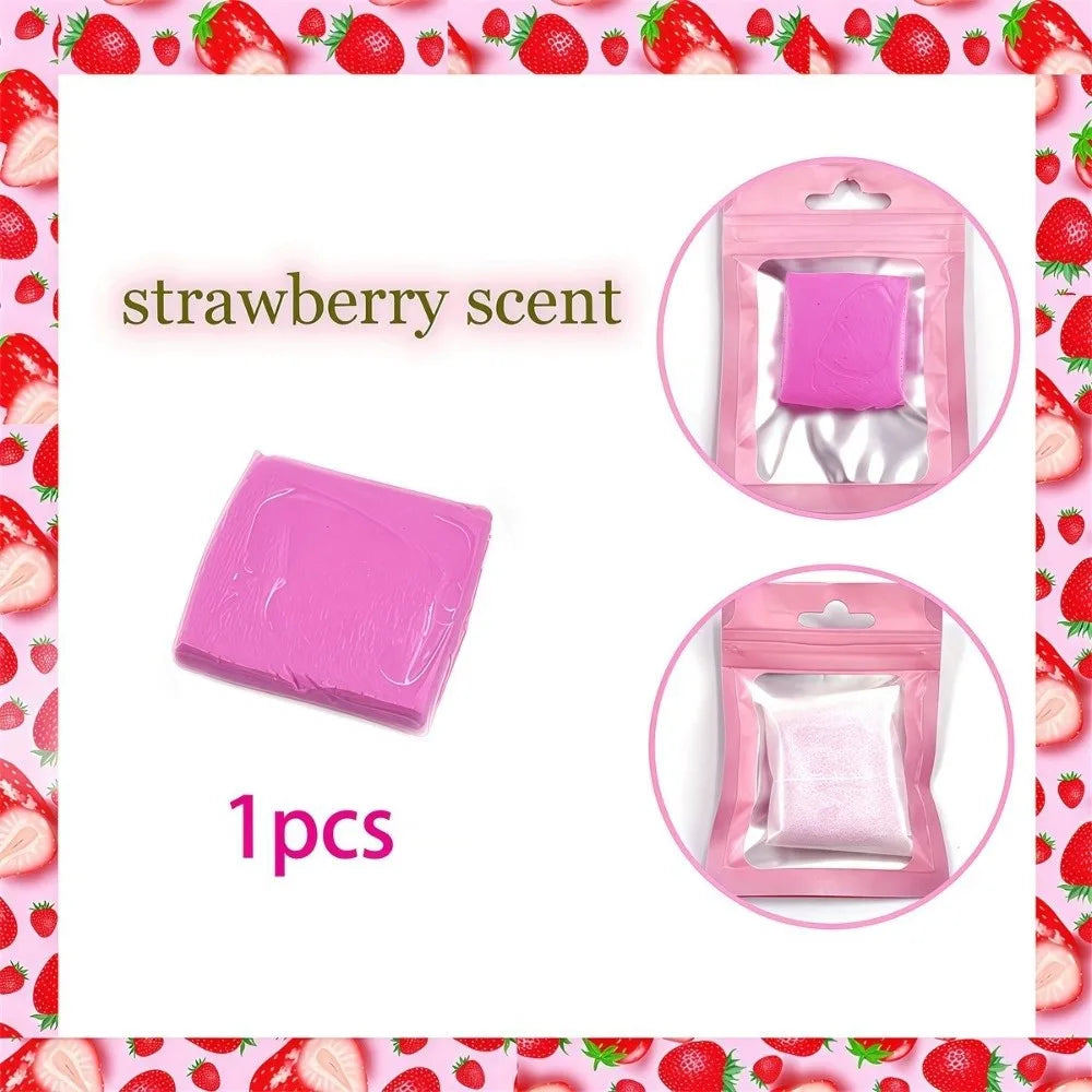 Pink silicone diamond painting clay in a pouch with a pink square piece inside