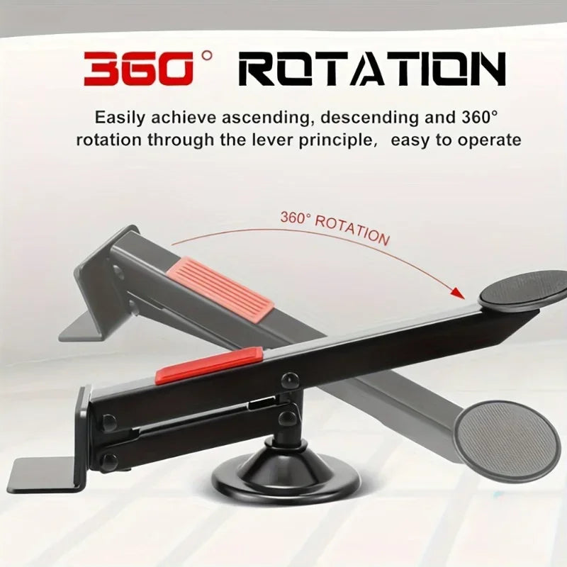 A black heavy-duty steel door lift tool demonstrating 360° rotation capability for easy installation.