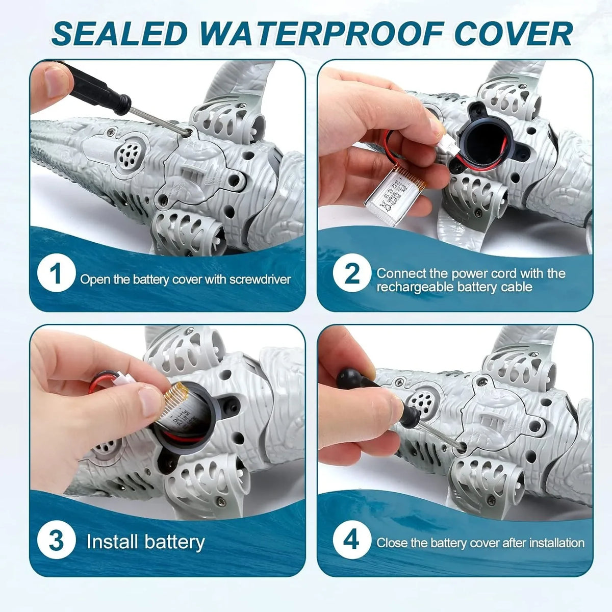 Instructions for installing a battery cover on a remote control mosasaurus water spray boat.