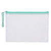 A set of ten white mesh zipper bags with teal trim for classroom and craft organization