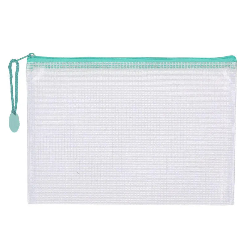 A set of ten white mesh zipper bags with teal trim for classroom and craft organization