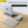 A gray multifunctional inner bag used as a laptop bag holder and wrist rest mouse pad under an Apple laptop.
