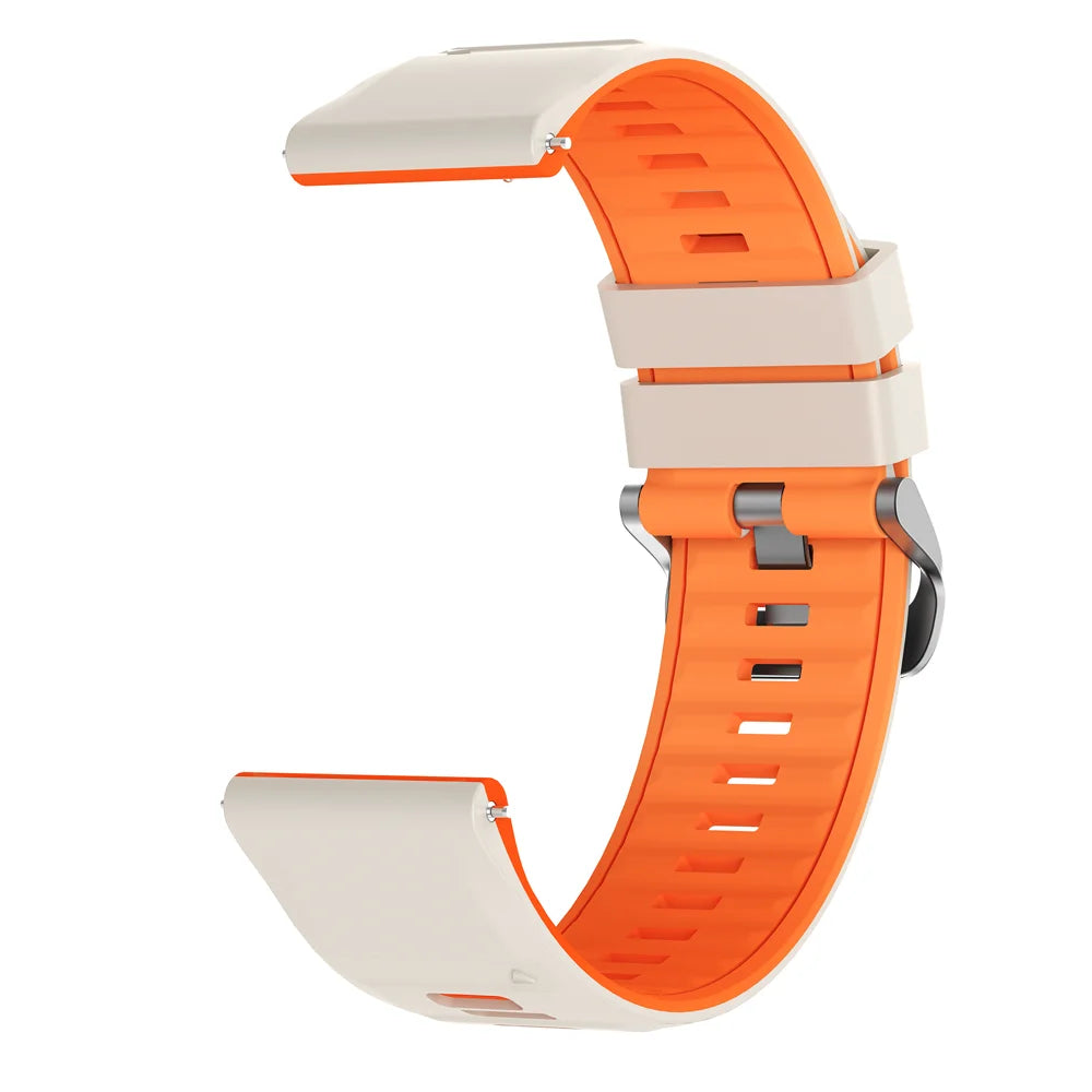 Orange and white silicone watch band with a protective case for a smartwatch.