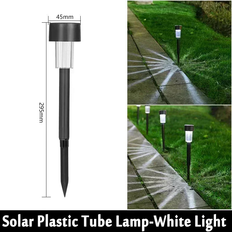 A vertical view of a black solar plastic tube lamp used for garden path lighting.