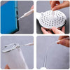 A set of shower cleaning brushes and a nozzle cleaner are shown in various stages of use for cleaning.