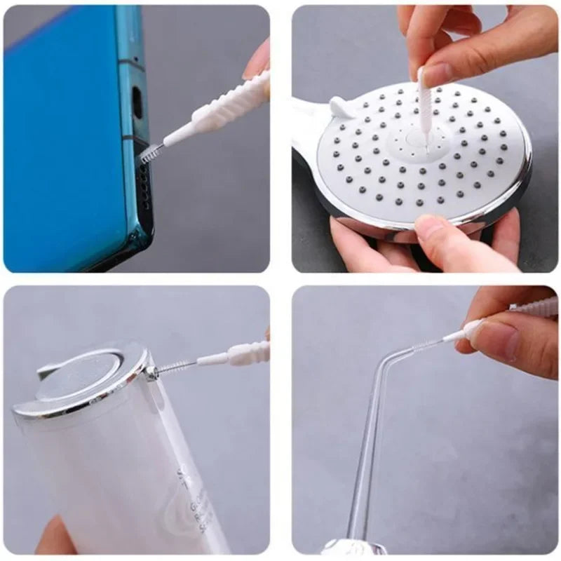 A set of shower cleaning brushes and a nozzle cleaner are shown in various stages of use for cleaning.