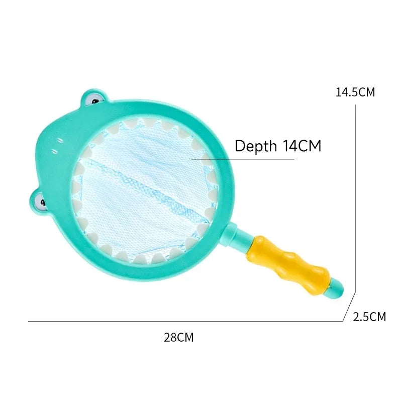 A teal floating bath toy set featuring a catch net with a yellow handle and measurements.