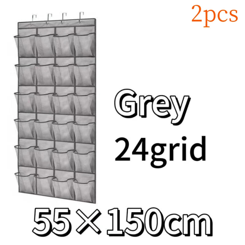 Grey 24 grid over-the-door mesh shoe organizer with hanging pockets measuring 55x150cm
