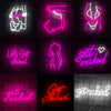 A grid of neon signs featuring various body parts and the phrase Get Naked in pink and white light.