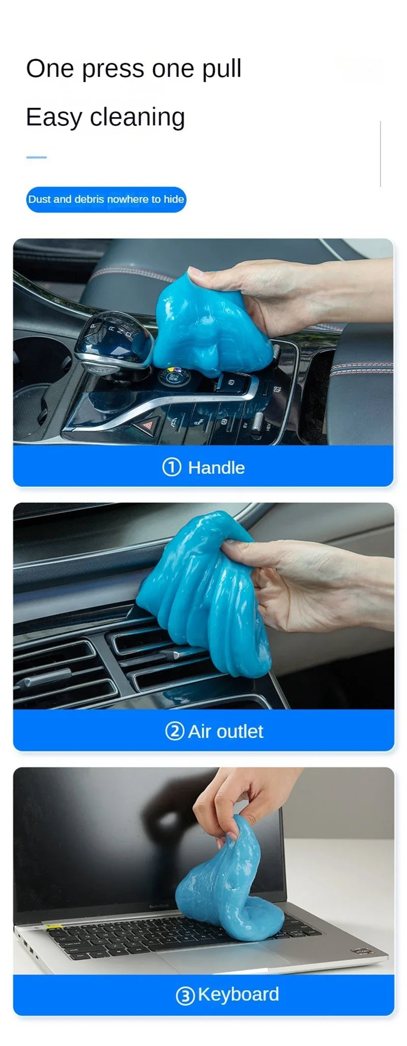 Demonstration of a reusable blue cleaning gel being used to clean various car interior surfaces like vents and a keyboard.