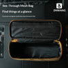 A black see-through mesh storage bag with an open compartment showing a padded inner section.