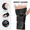 Black wrist guard shown with features like ergonomic grip, impact resistance, and ventilation.