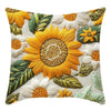 A decorative cushion cover featuring various shades of yellow and green sunflower patterns.