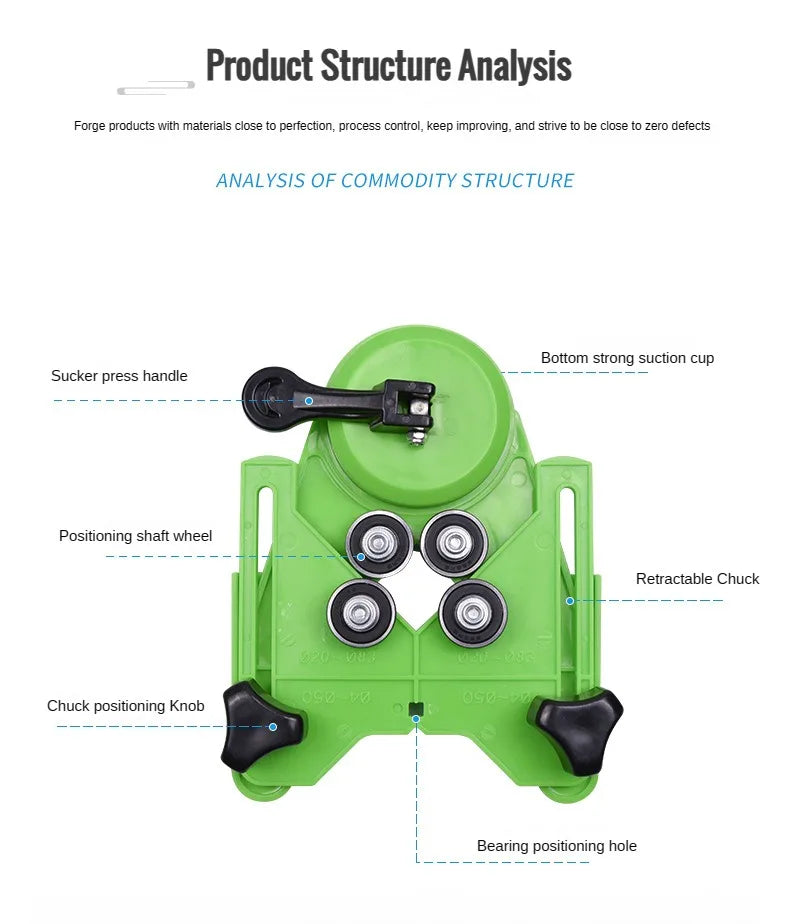 A green precision diamond hole saw kit showing various components like a suction press handle, positioning shaft wheel, and c