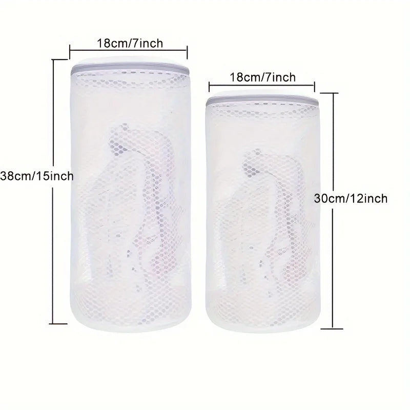 A pair of clear reusable mesh laundry bags for shoes and delicates, shown with dimensions.