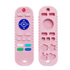 A pink silicone baby teether remote control toy with various buttons and a round light.