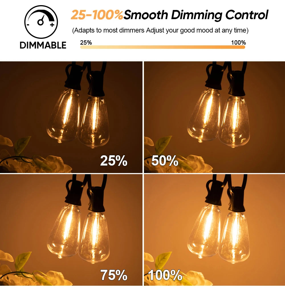 A set of solar string lights demonstrating various dimming levels from 25% to 100%.