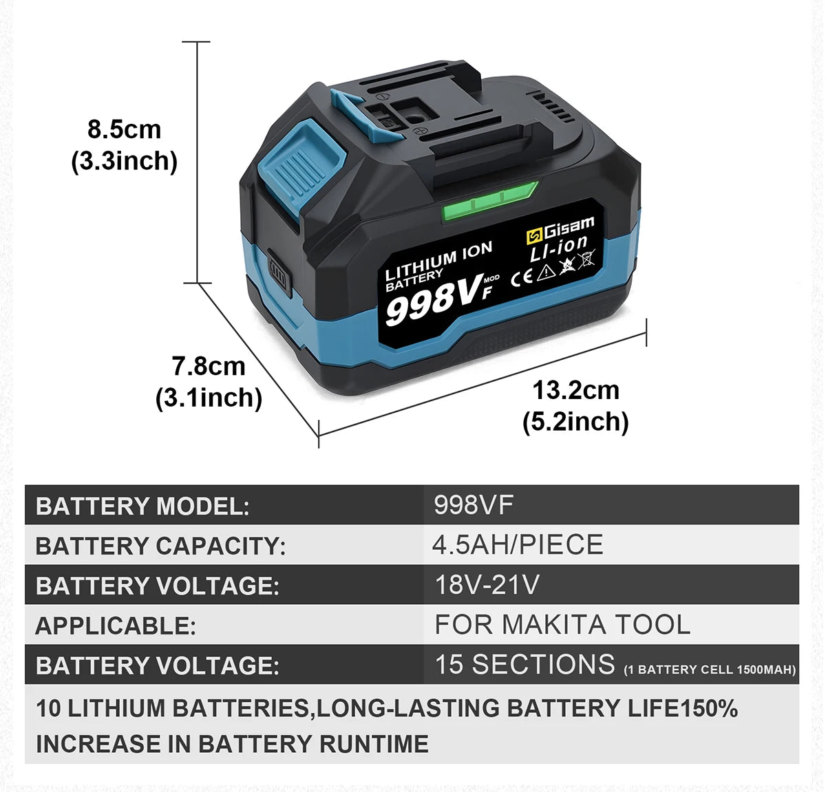 A black and blue lithium-ion battery pack labeled 998VF with dimensions 8.5cm x 7.8cm x 13.2cm.