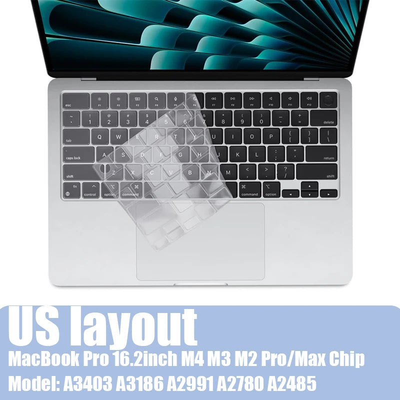 A silver MacBook Pro laptop with a silicone keyboard cover displayed on a white background.