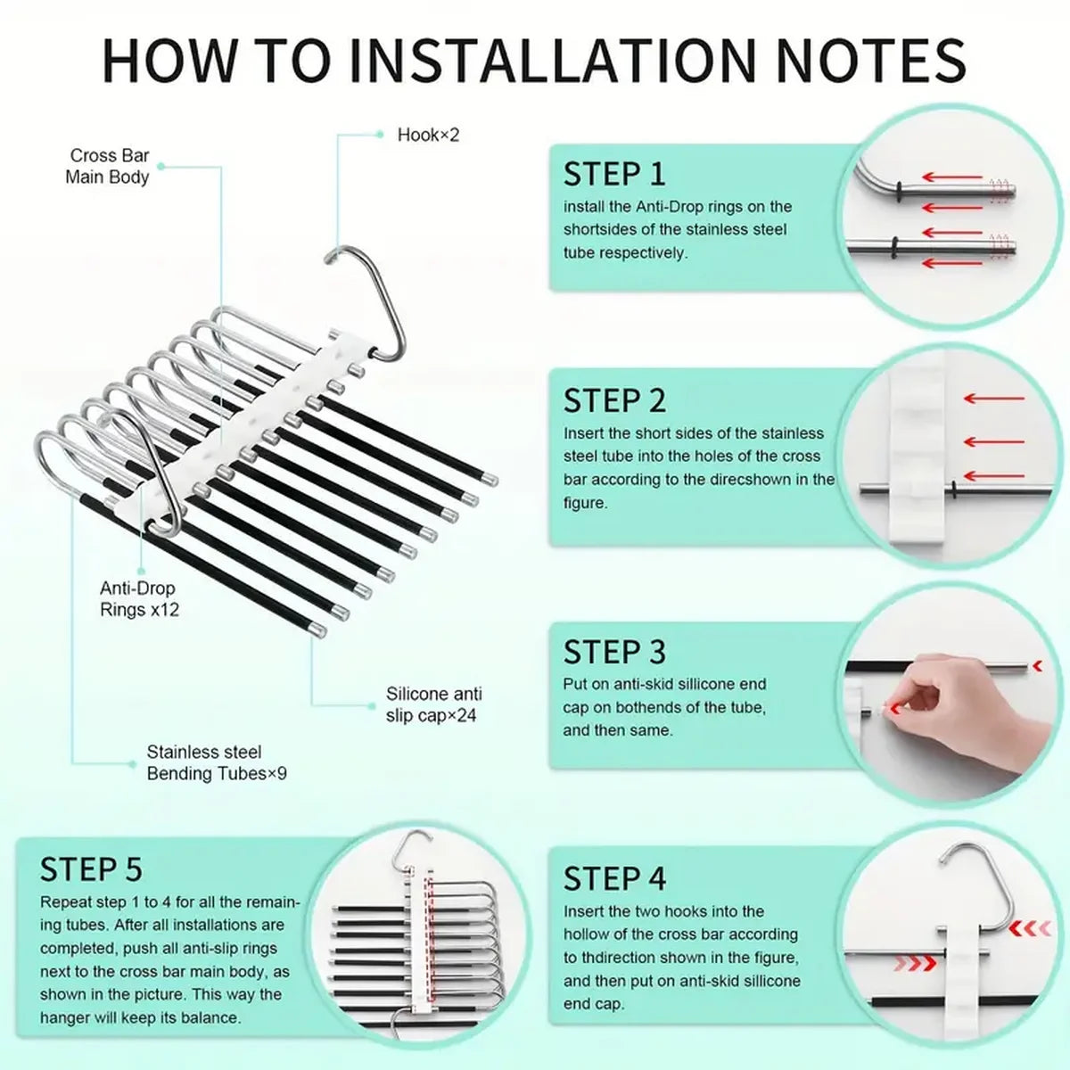 Installation instructions showing how to install a 9-layer non-slip stainless steel pants hanger using anti-drop rings and si