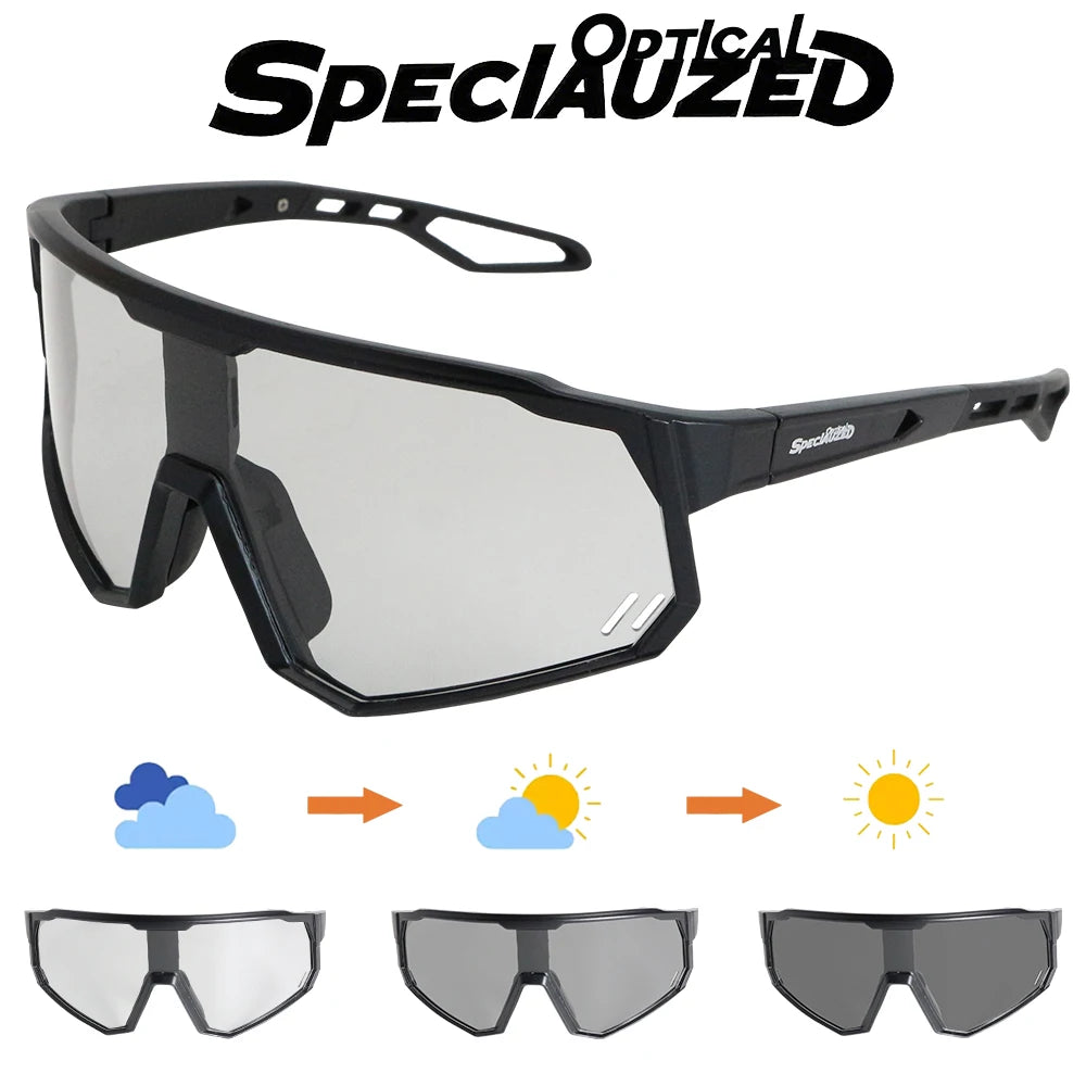 A set of photochromic cycling sunglasses shown in various views and a branded logo.