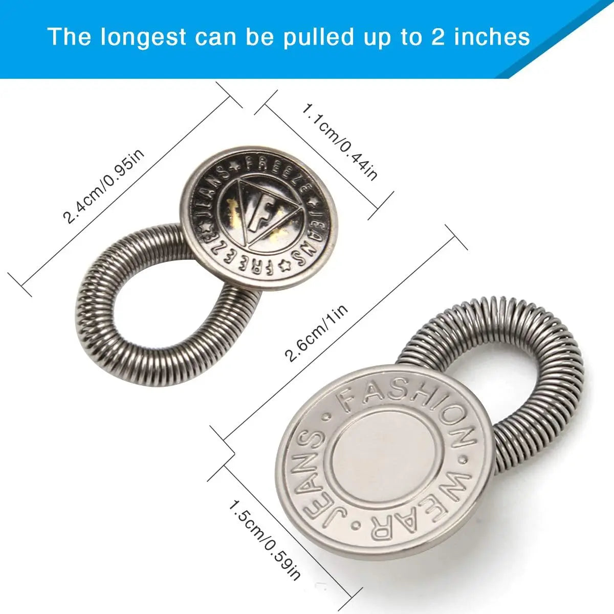 A silver elastic waist extender button is shown with measurements indicating its pull length.
