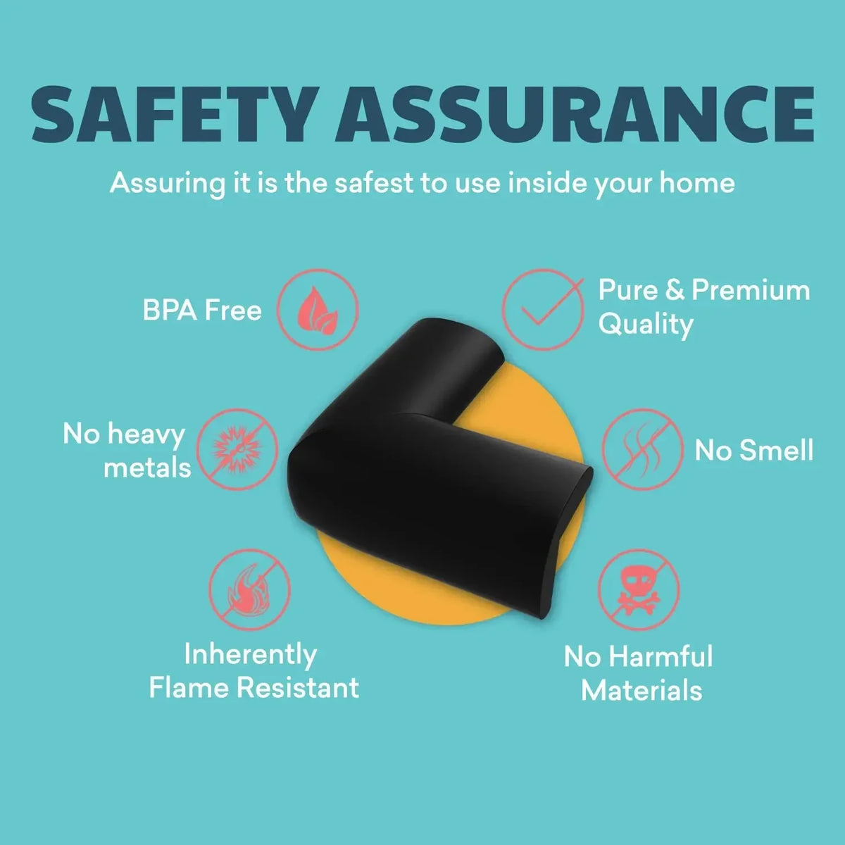 Safety assurance graphic listing features like BPA free, no heavy metals, flame resistant, and no harmful materials for furni
