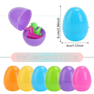 A colorful assortment of plastic Easter eggs in various shades including purple, green, blue, orange, and pink.