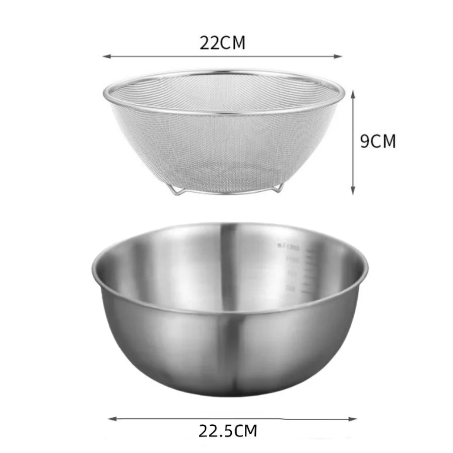 Stainless steel mixing bowl set showing a fine mesh bowl and a larger bowl.