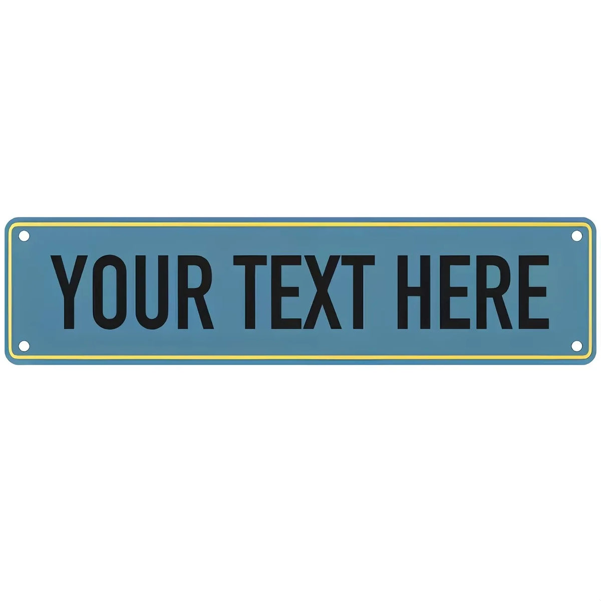 A rectangular teal metal sign with a gold border and the text YOUR TEXT HERE in white capital letters.