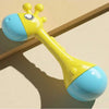 A yellow and blue baby animal rattle teether toy with a curved shape, shown in a close-up against a light background.