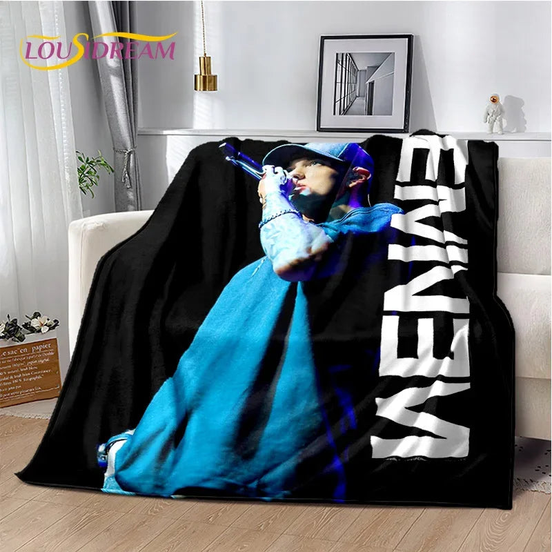 A throw blanket featuring an image of Eminem and 2Pac hip-hop icons in blue and black tones.