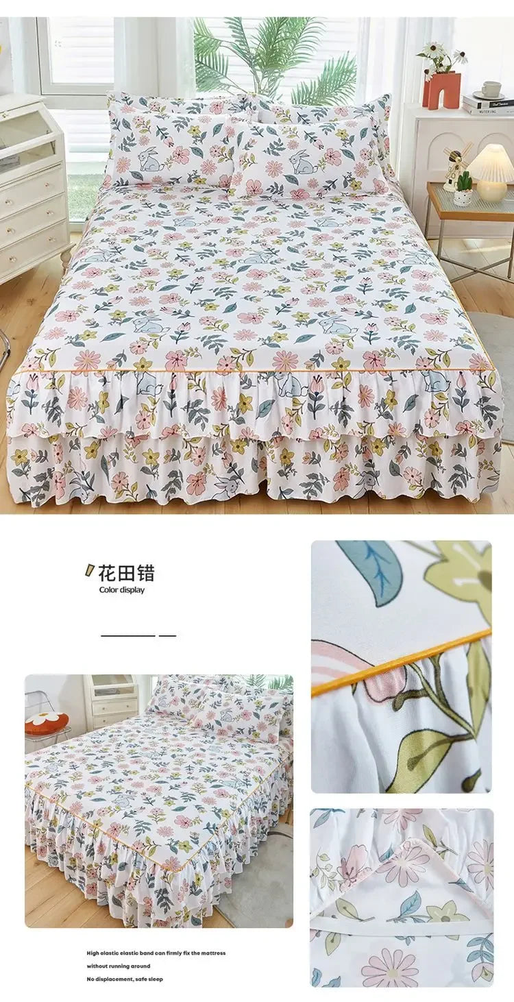 Floral Bed Skirt Set with Anti-Slip Mattress Cover